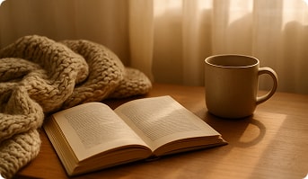 Flat lay of a cozy reading nook: an open book, soft knitted blanket, warm natural light coming through curtains, a ceramic mug on a wooden surface. No text, clean composition for overlay